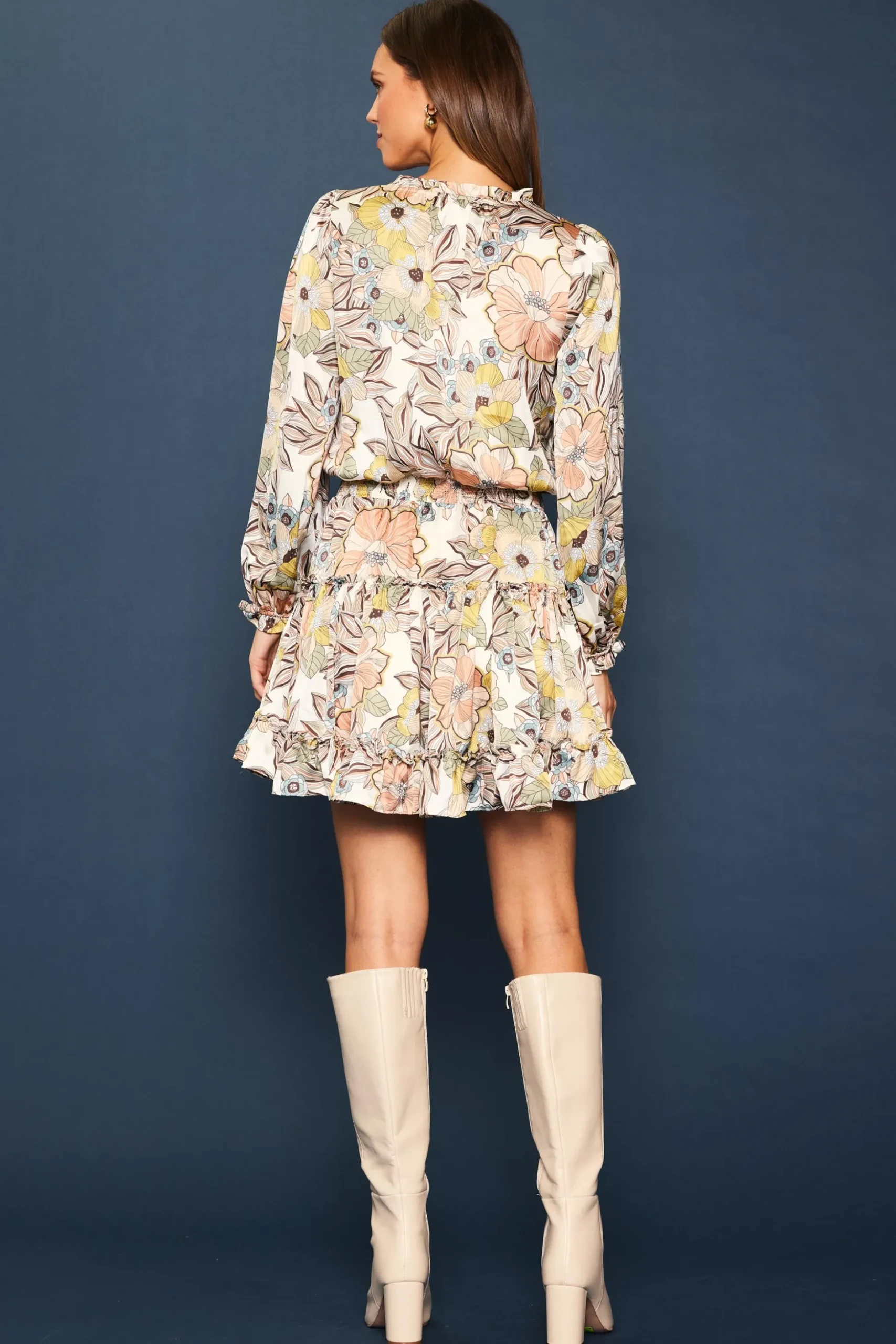 Abstract Daisy Print Ruffled Mini Dress
