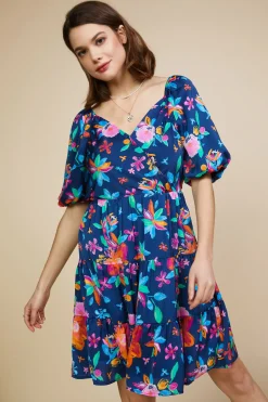Aquatic Floral Surplice Short Dress