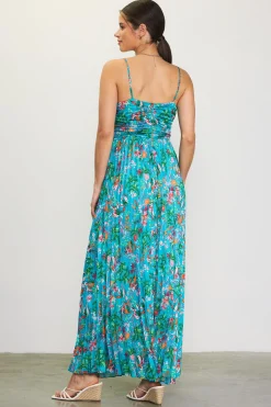 Ariel Tropical Print Pleated Maxi Dress