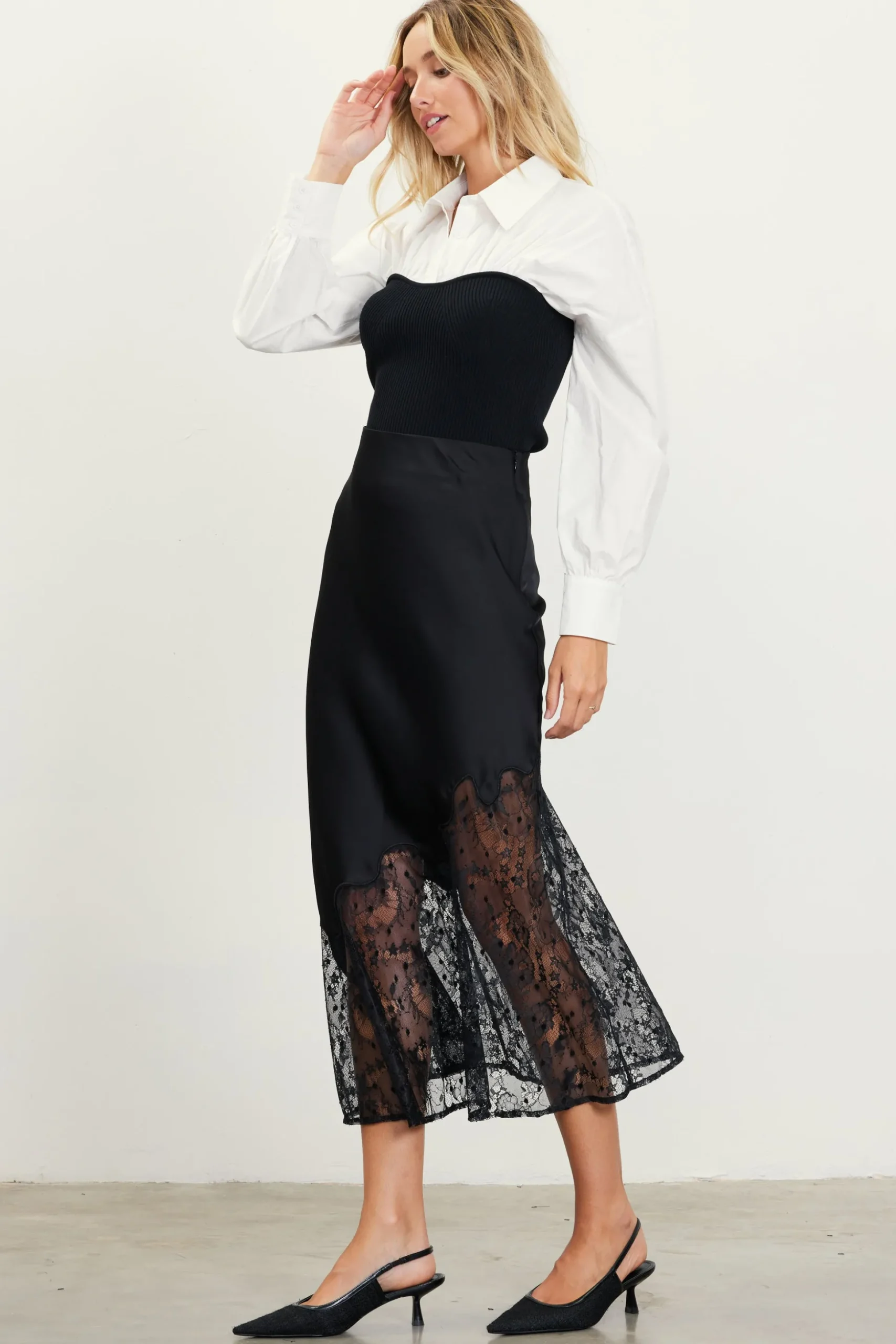 Asymmetrical Lace Satin Skirt