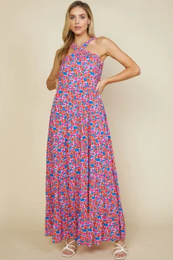 Bohemian Floral Crossed Neck Maxi Dress
