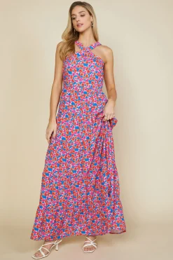Bohemian Floral Crossed Neck Maxi Dress