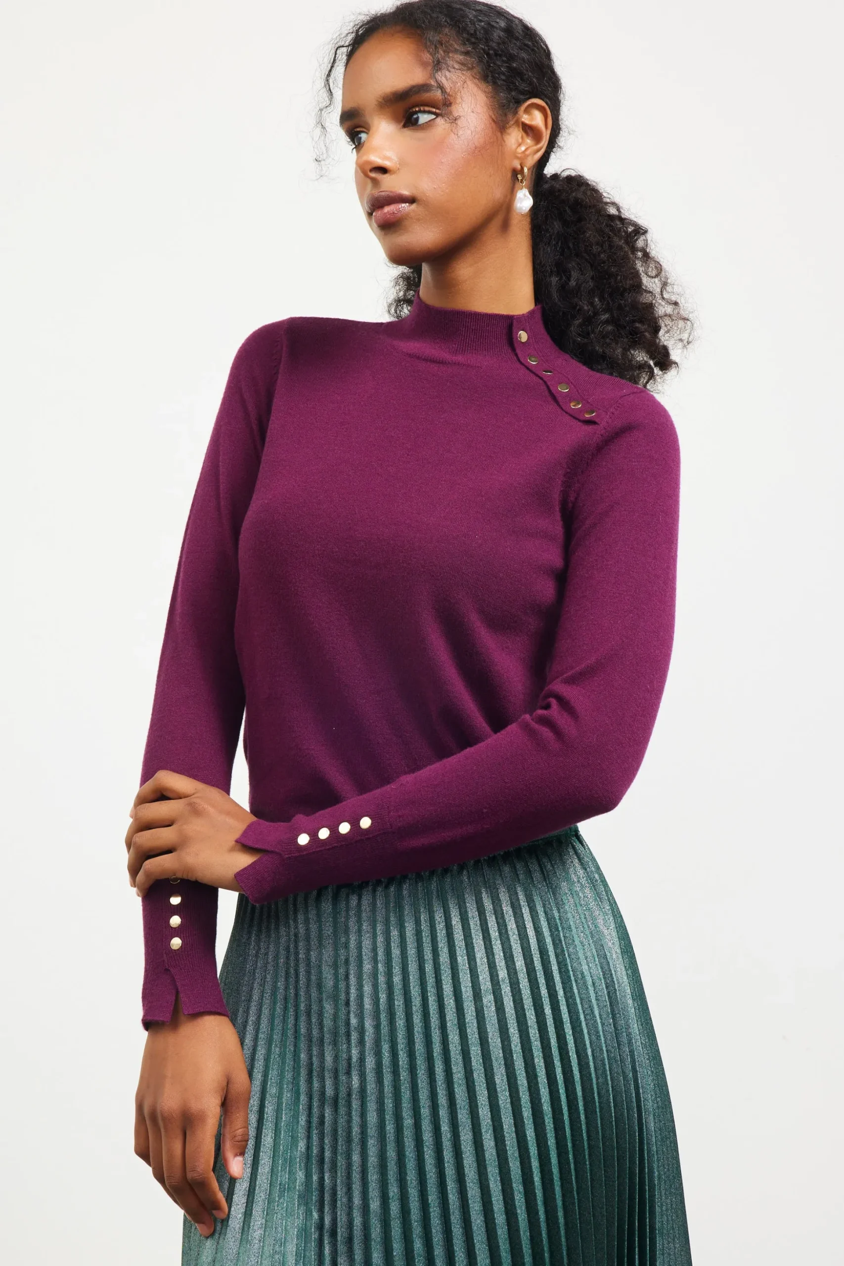 Button Detail Mock Neck Sweater