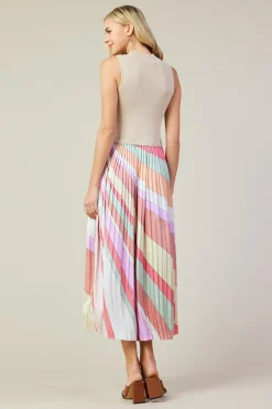 Carmine Print Mixed Media Pleated Midi Dress