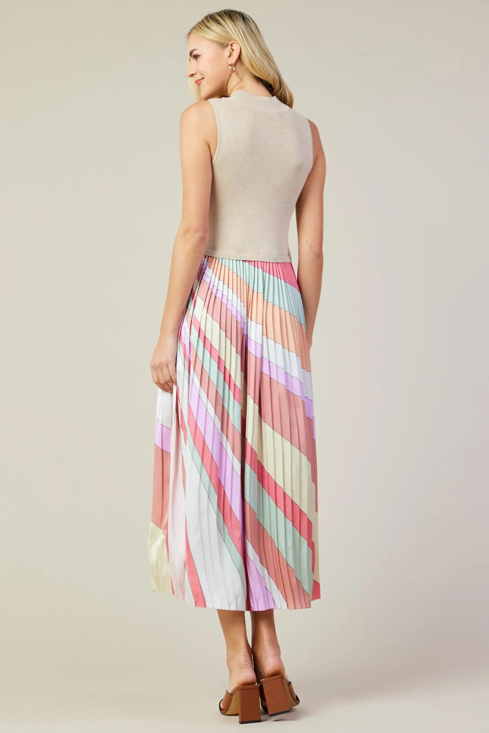 Carmine Print Mixed Media Pleated Midi Dress