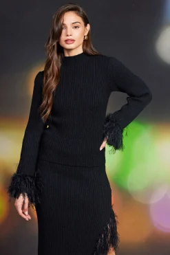 Clio Feathered Fringe Mock Neck Sweater