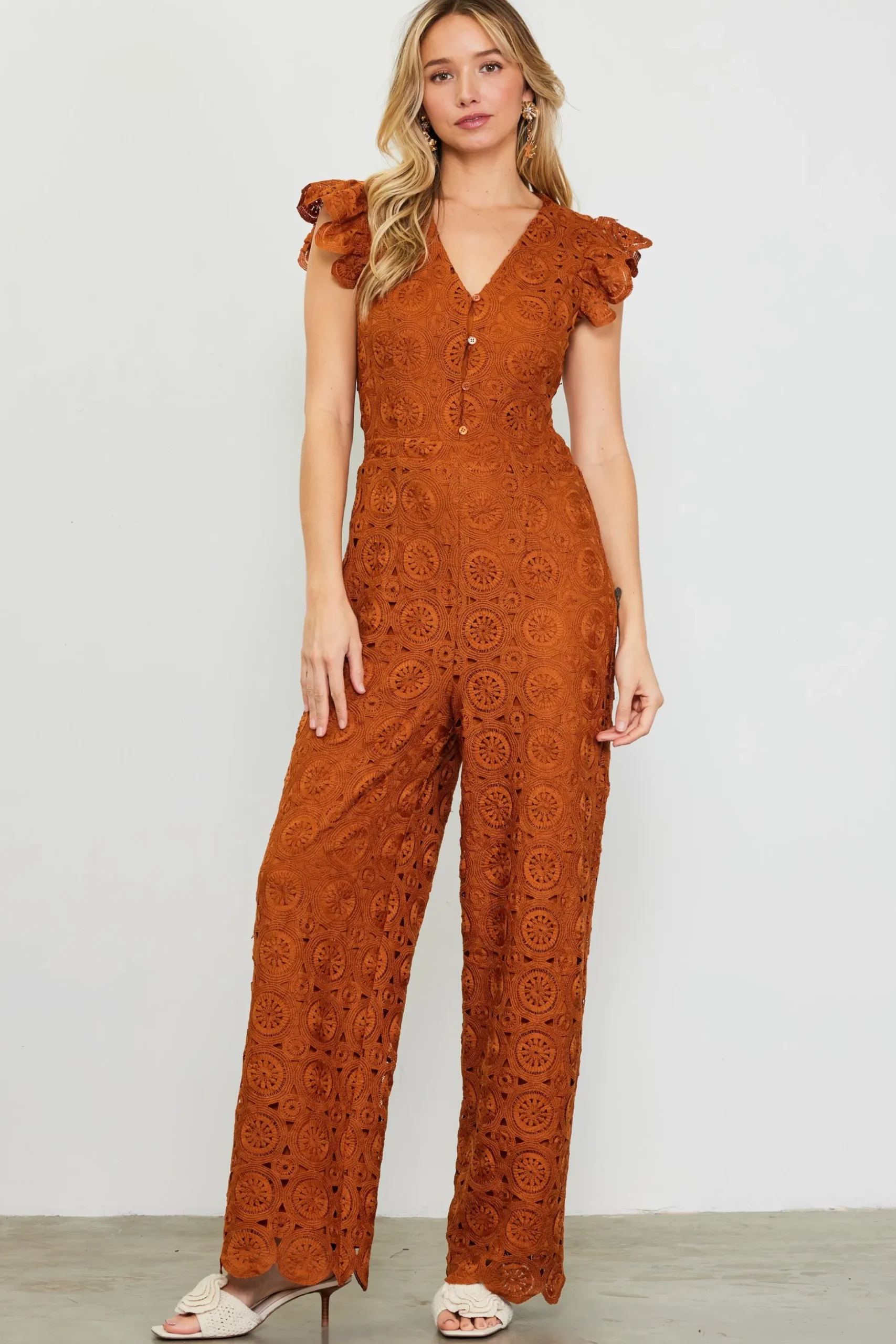 Crochet Ruffled Sleeve Jumpsuit