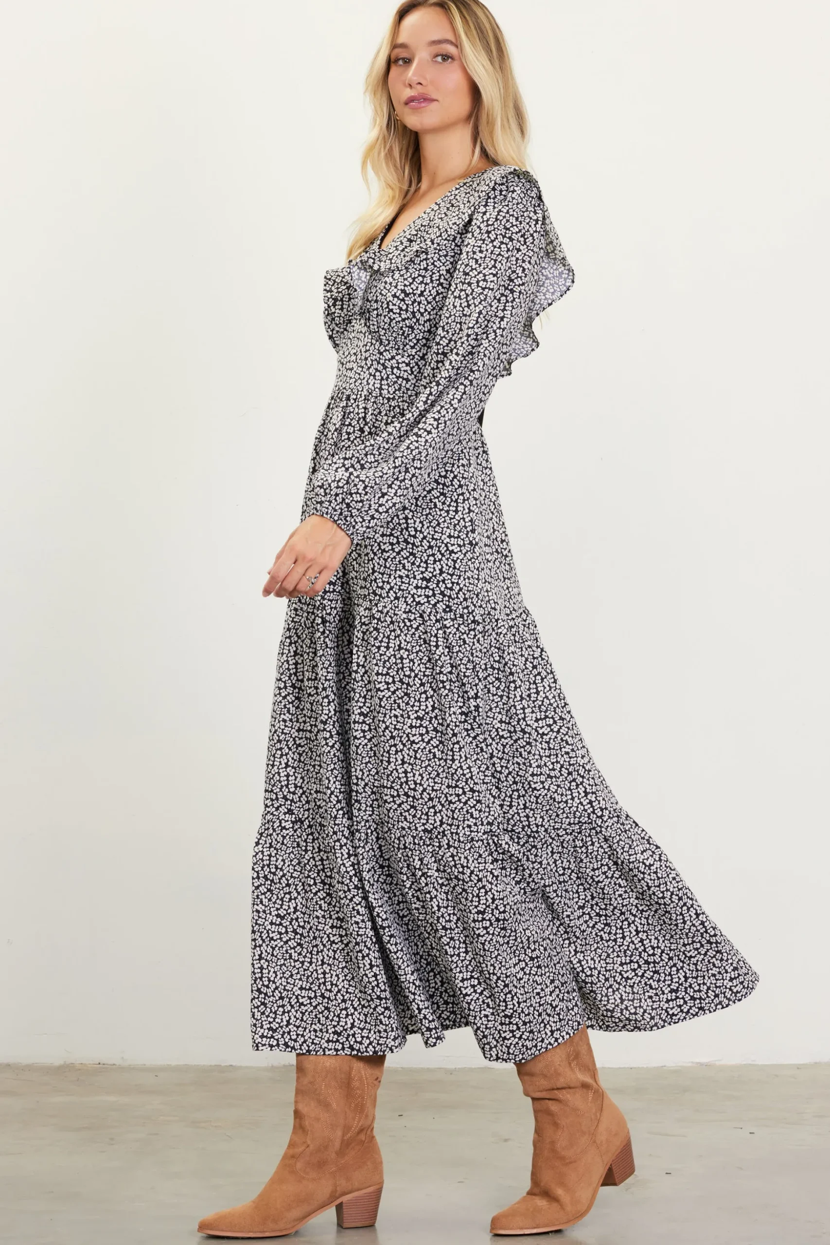 Dainty Floral Print Ruffle Trim Maxi Dress