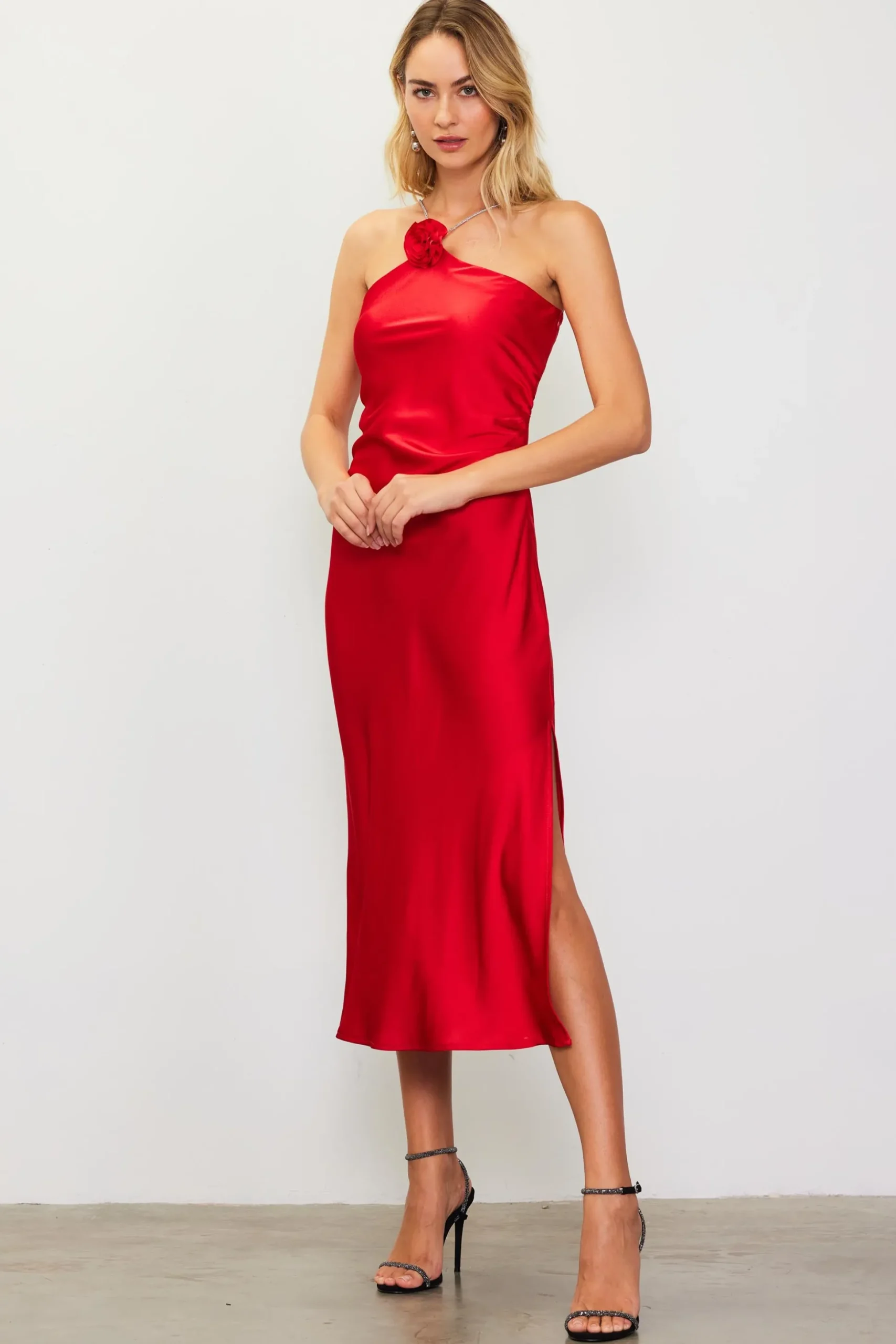 Detachable Rosette Metallic Strap Midi Dress