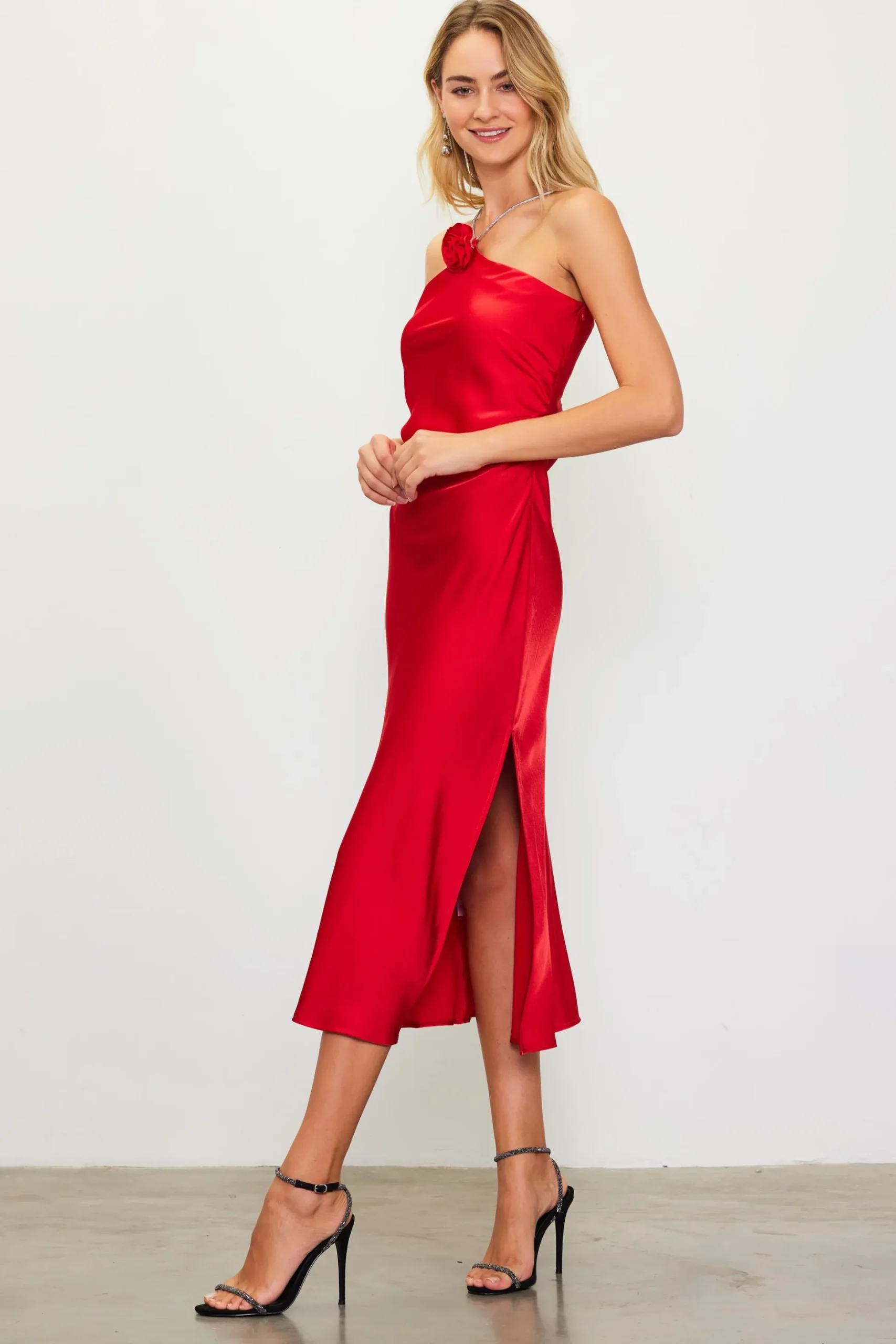 Detachable Rosette Metallic Strap Midi Dress