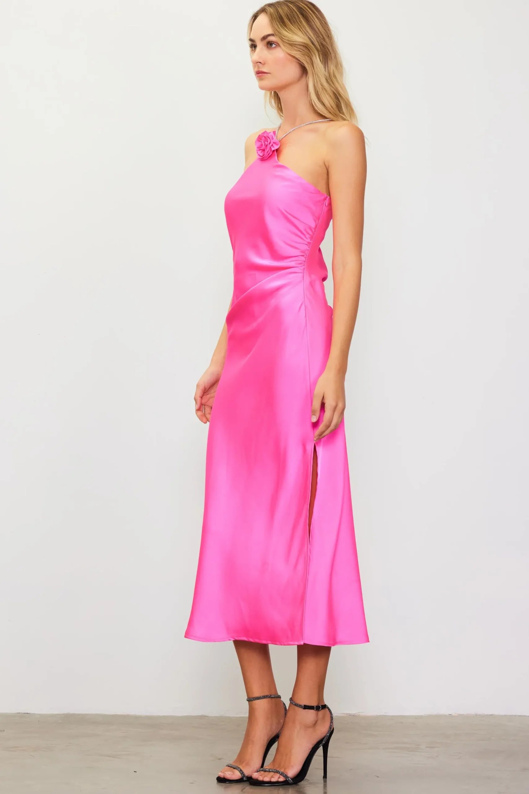 Detachable Rosette Metallic Strap Midi Dress