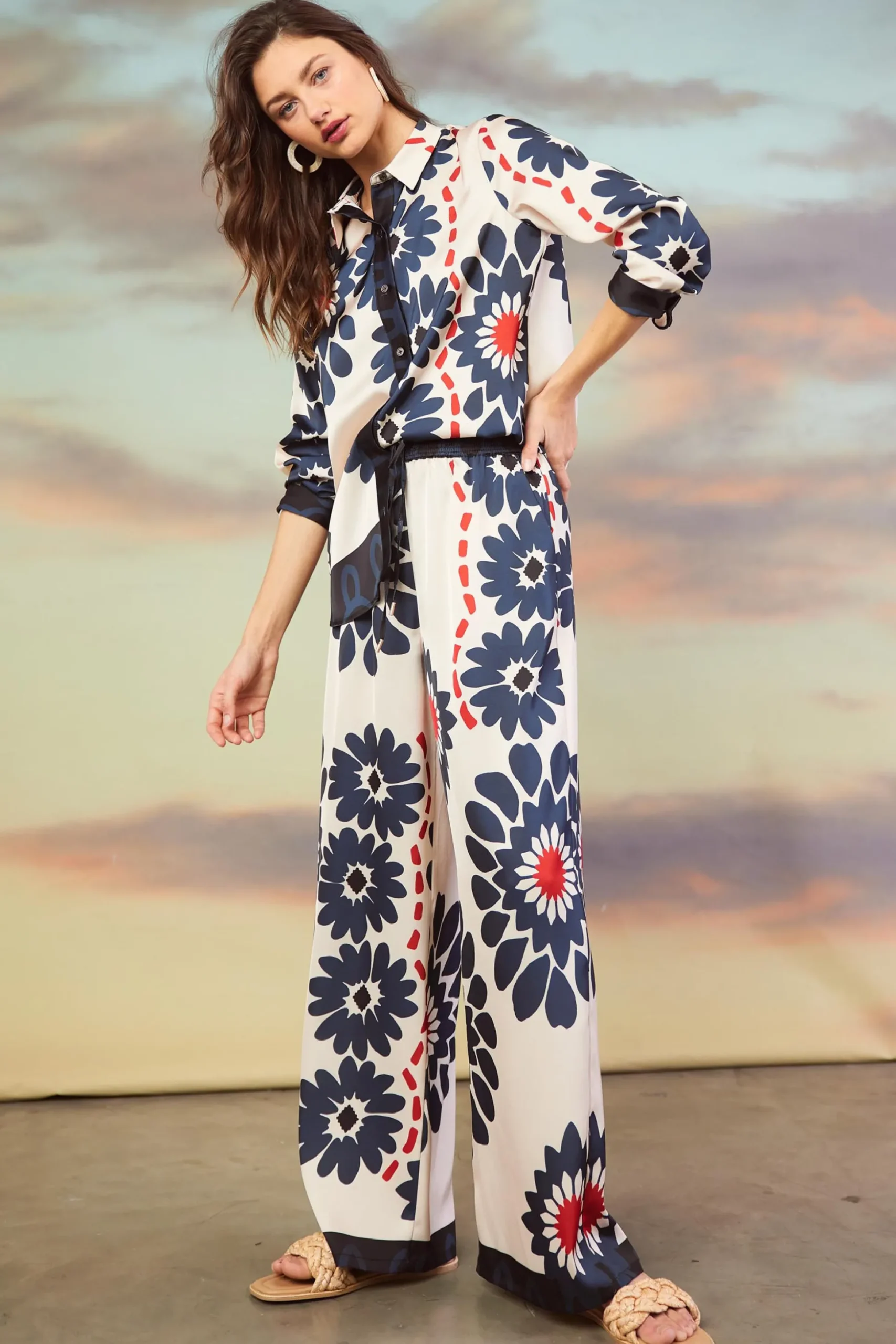 Floral Print Elastic Waistband Pants