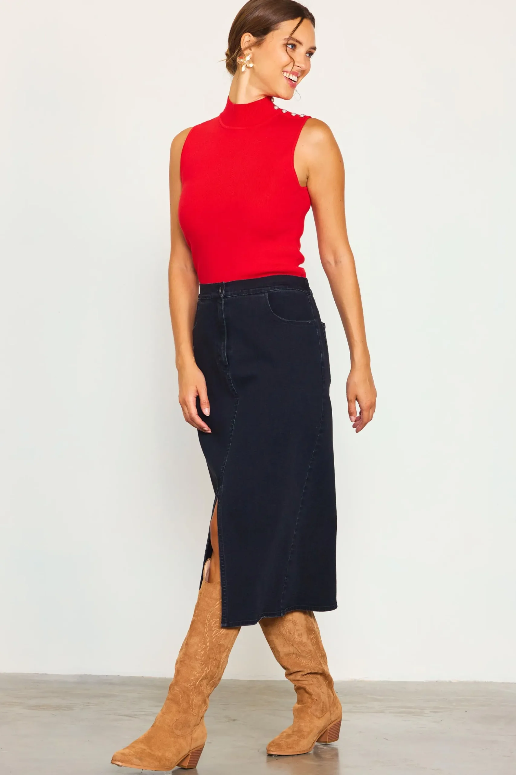 Front Slit Maxi Denim Skirt