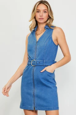 Front Zipper Denim Mini Dress With Belt