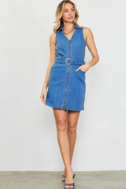 Front Zipper Denim Mini Dress With Belt