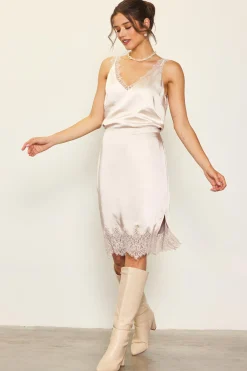 Lace Trim Satin Midi Skirt