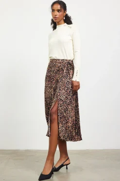 Leopard Print Pleated Midi Skirt