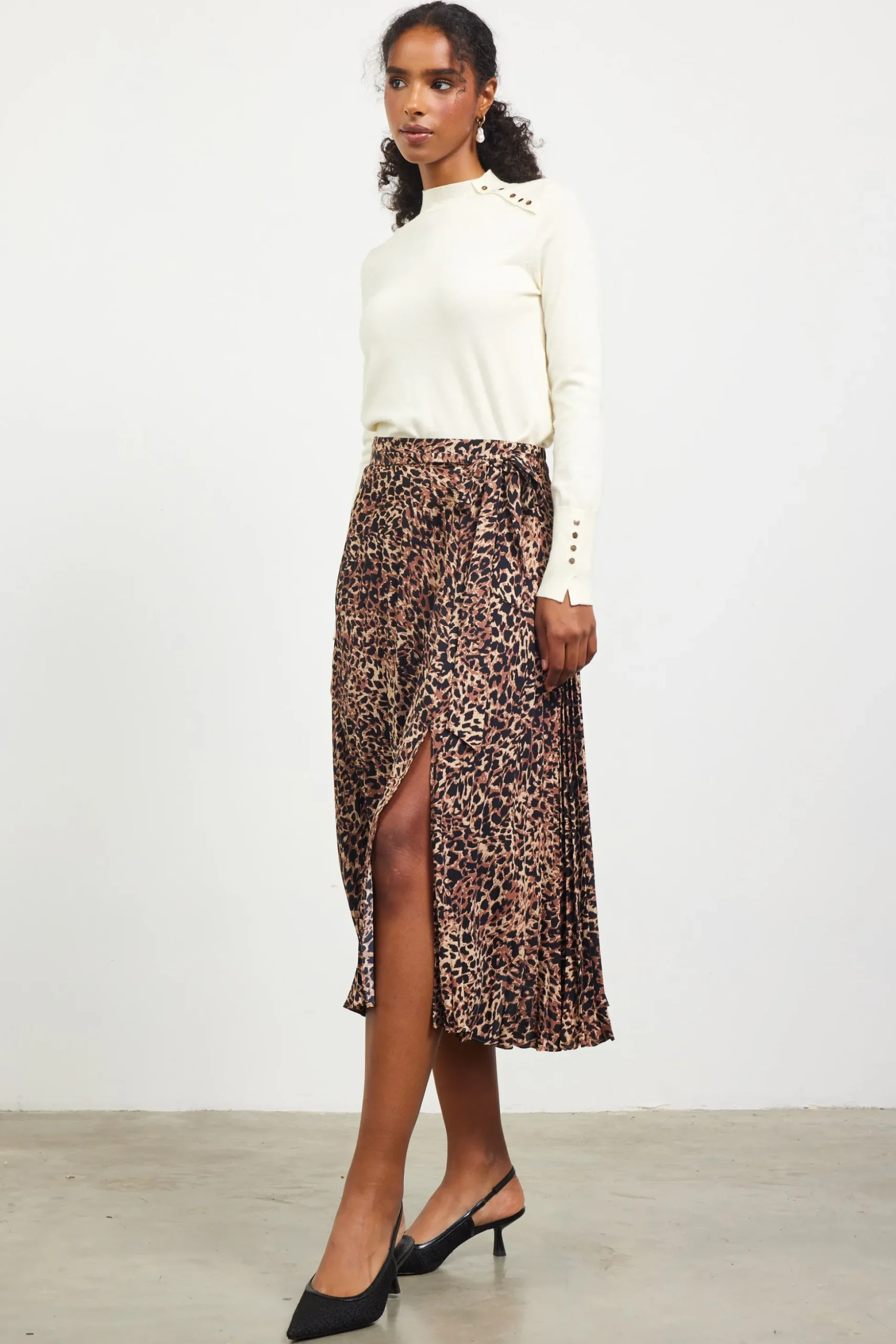 Leopard Print Pleated Midi Skirt
