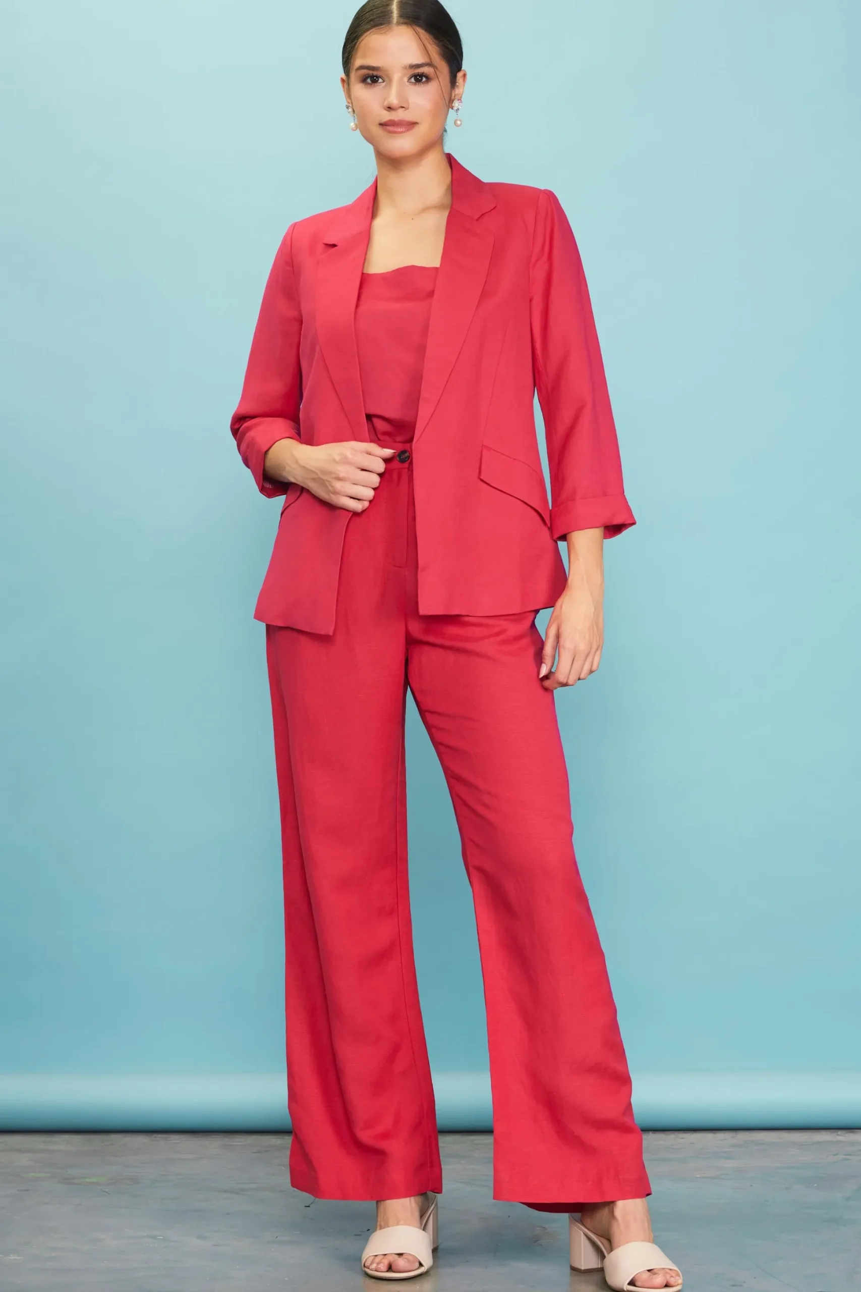 Linen Blend Three-Quarter Sleeve Blazer