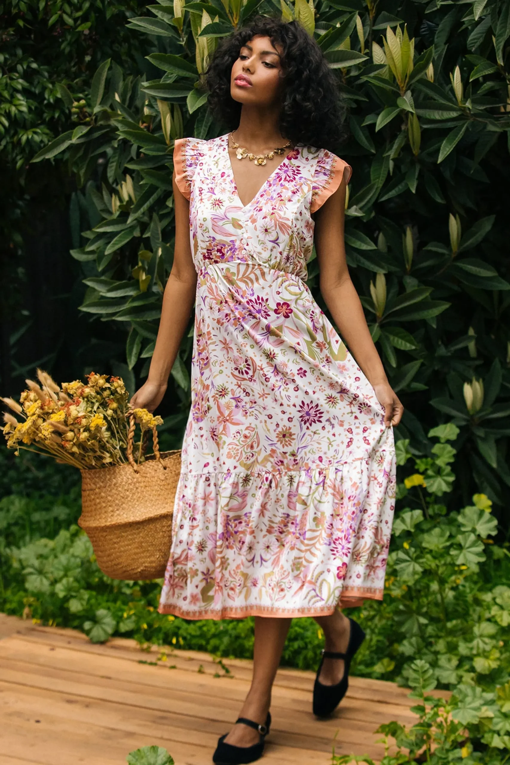 Magnolia Border Print Flutter Sleeve Dress