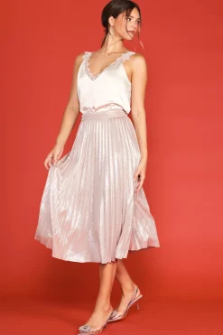 Metallic Foil Pleated Midi Skirt