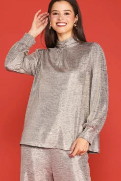 Metallic Foil Print Mock Neck Top