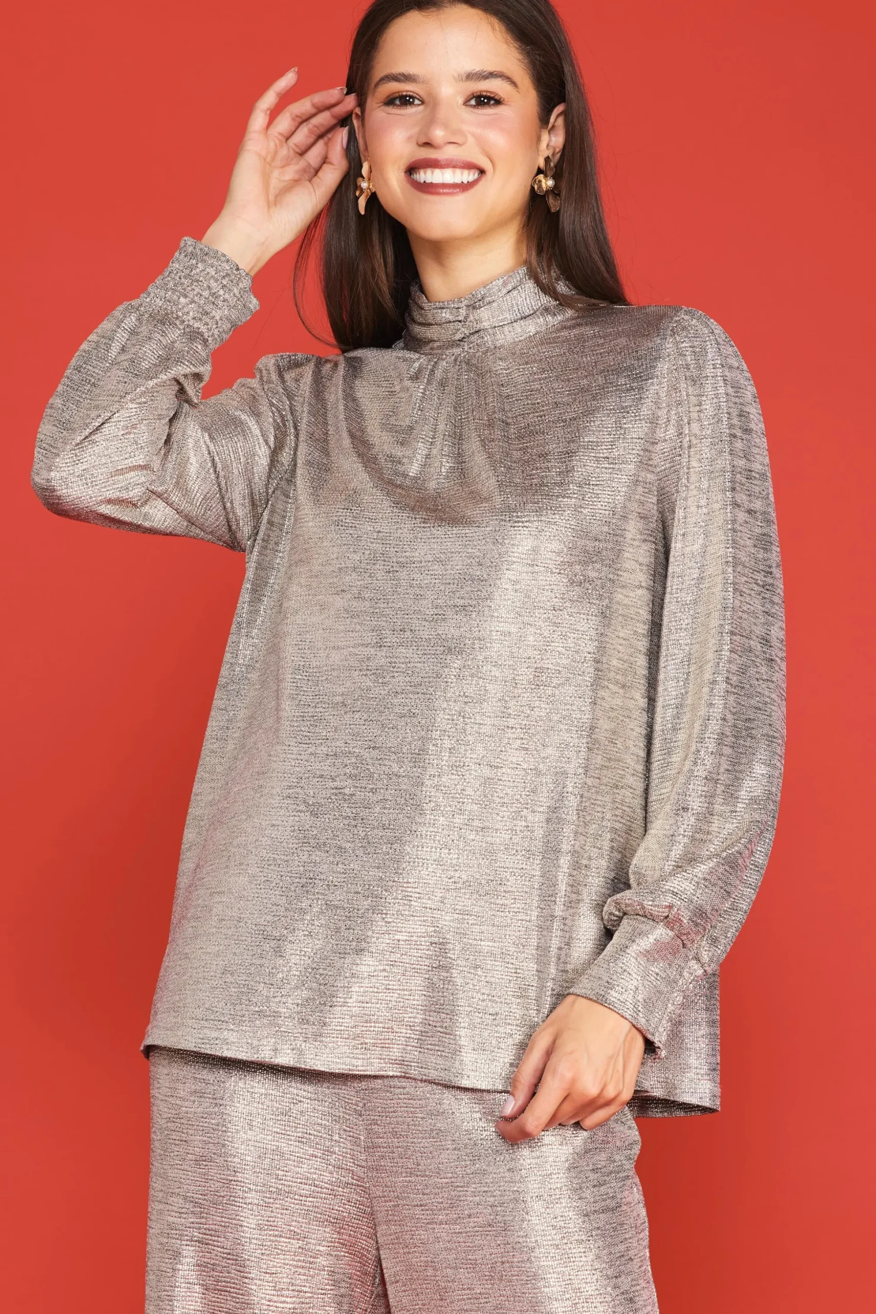 Metallic Foil Print Mock Neck Top
