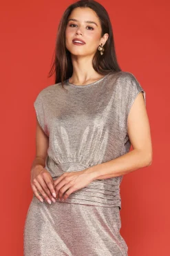 Metallic Foil Print Shirred Waist Top