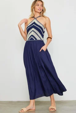 Mixed Media Halter Neck Midi Dress