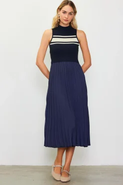 Mixed Media Pleated Midi Dress