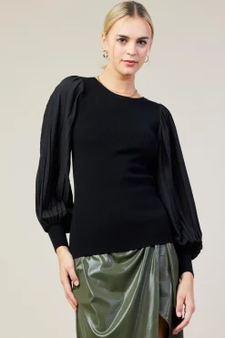 Mixed Media Pleated Sleeve Top