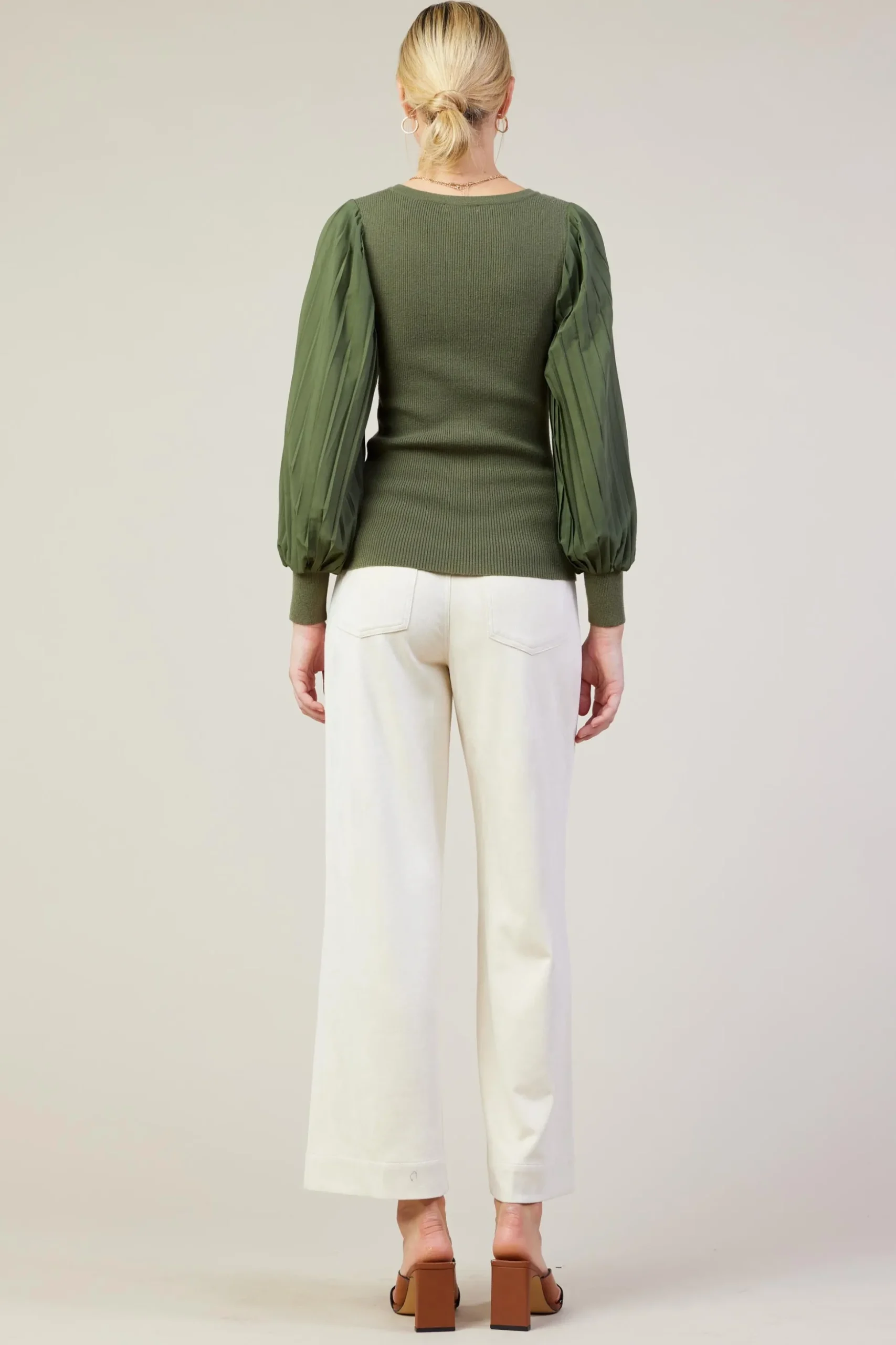 Mixed Media Pleated Sleeve Top