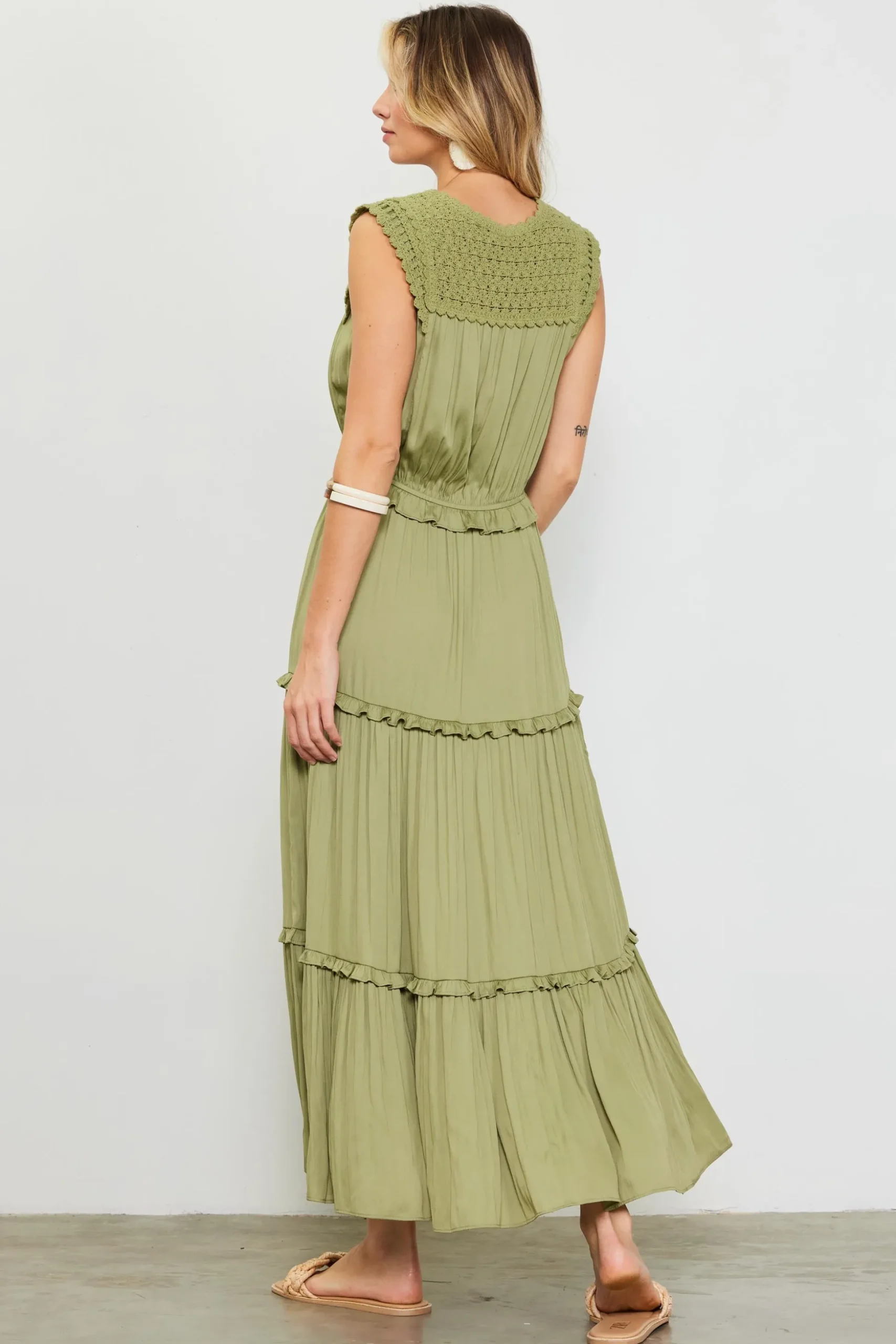 Mixed Media Ruffled Tiered Midi Dress