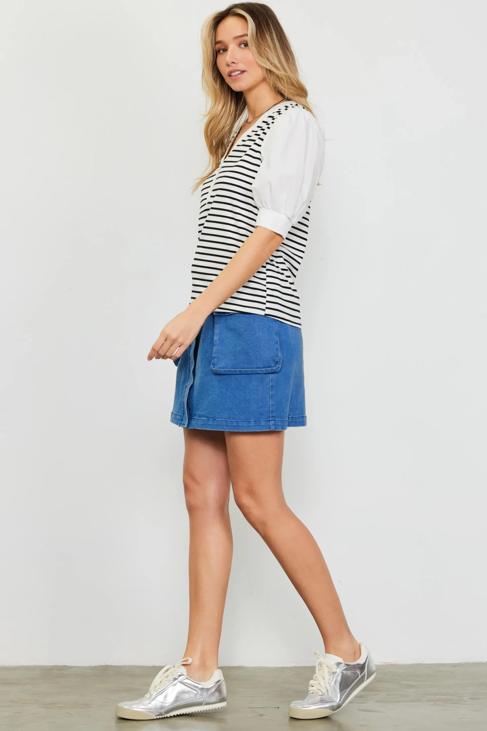 Mixed Media Striped Puff Sleeve Top