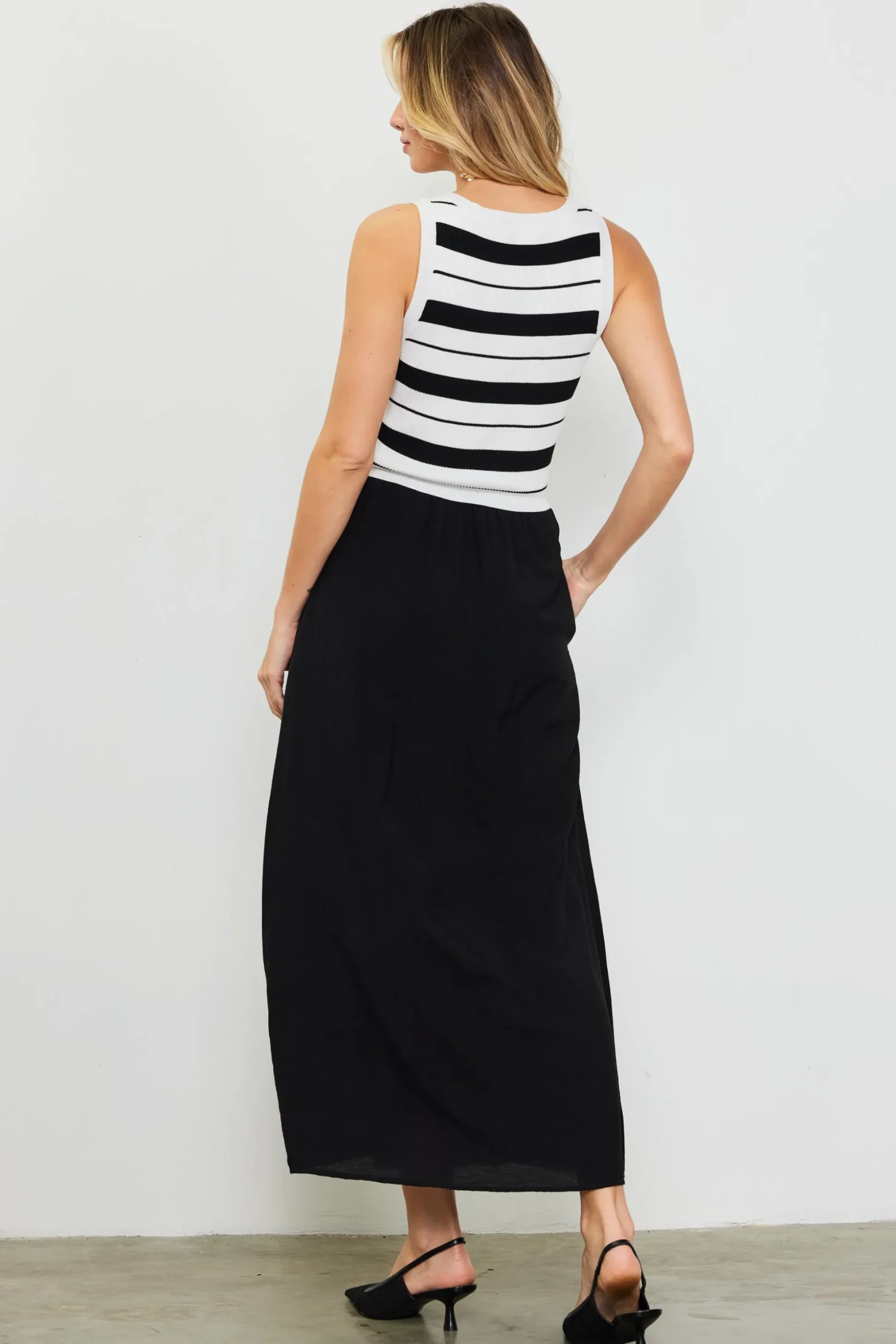 Mixed Media Striped Sleeveless Midi Dress