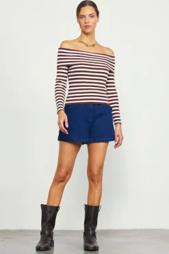 Off Shoulder Stripped Knit Top