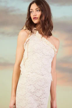 One Shoulder Ruffle Trim Lace Top