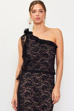 One Shoulder Ruffle Trim Lace Top