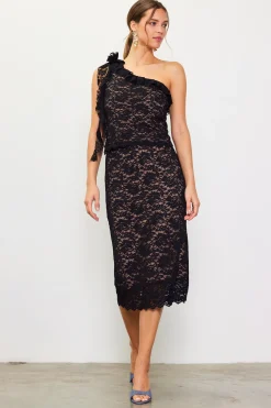 One Shoulder Ruffle Trim Lace Top