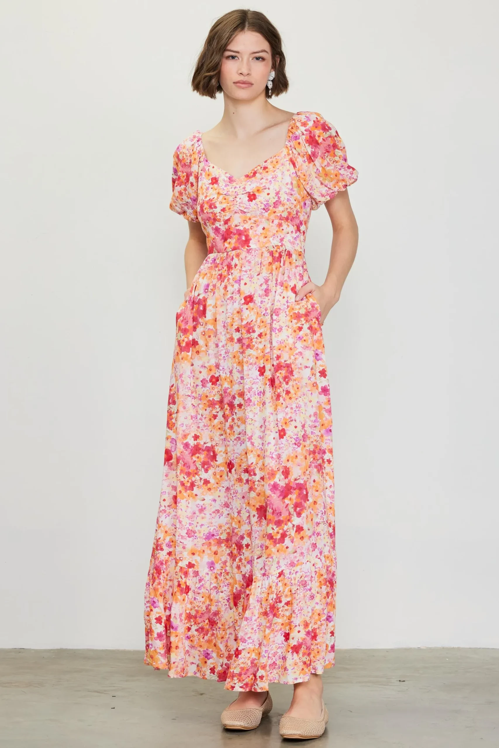 Peachy Floral Print Maxi Dress