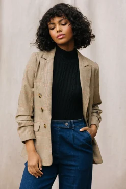 Plaid Ruched Sleeve Tailored Blazer
