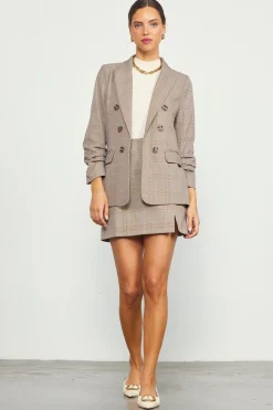 Plaid Ruched Sleeve Tailored Blazer