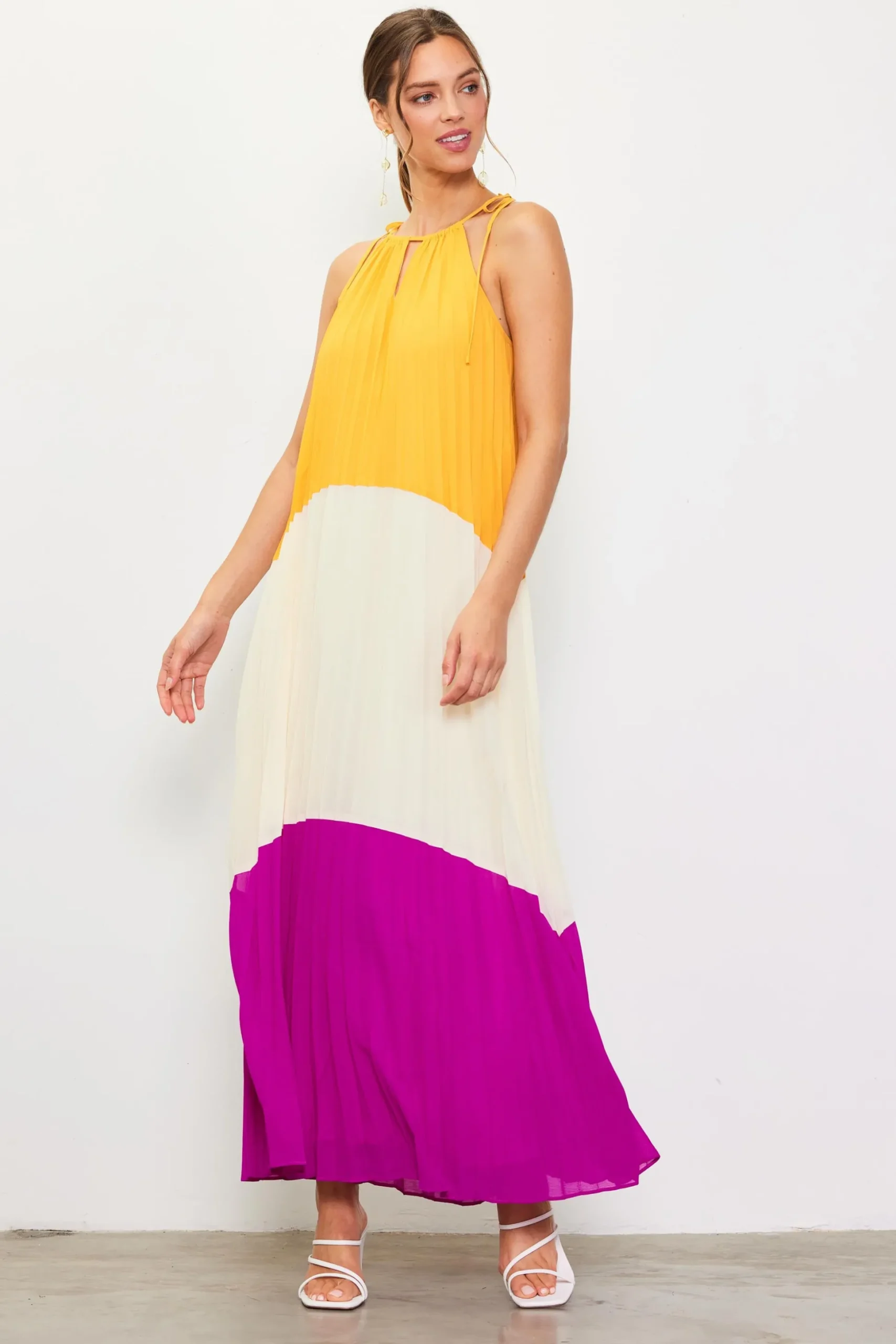 Pleated Color Block Maxi Dress