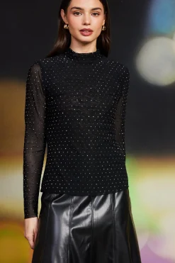 Rhinestone Mesh Mock Neck Top