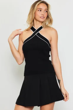 Ribbed Knit Cross Neck Sleeveless Top