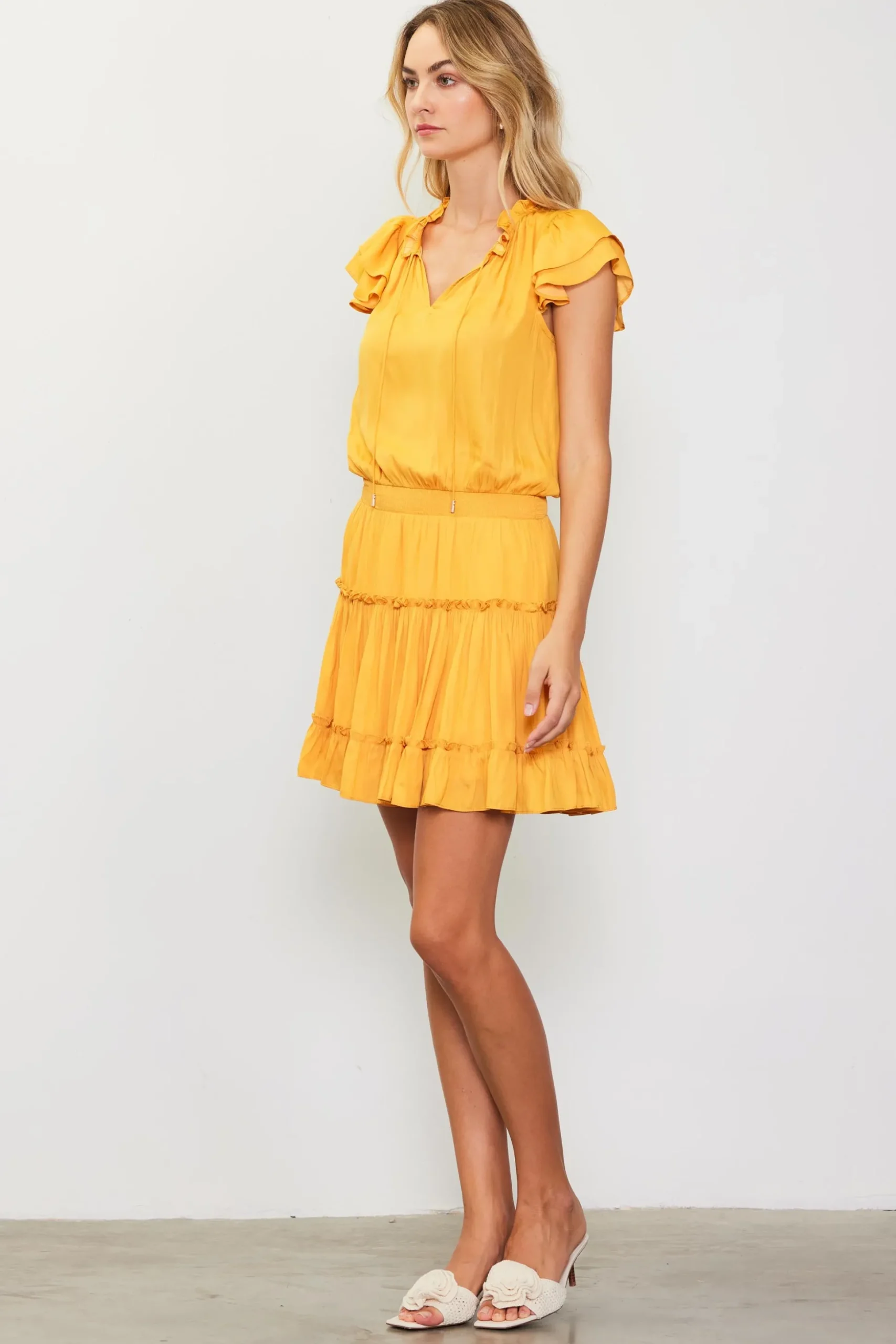 Satin Ruffled Sleeve Mini Dress