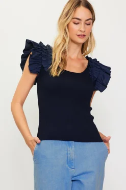 Shirred Ruffle Sleeve Ribbed Sweater
