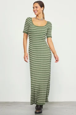 Short Sleeve Striped Knit Maxi Dress