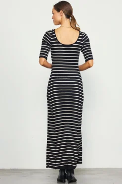 Short Sleeve Striped Knit Maxi Dress