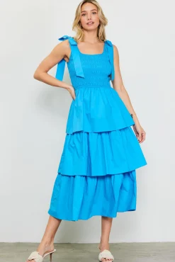 Smocked Bodice Ribbon Detail Tiered Midi Dress
